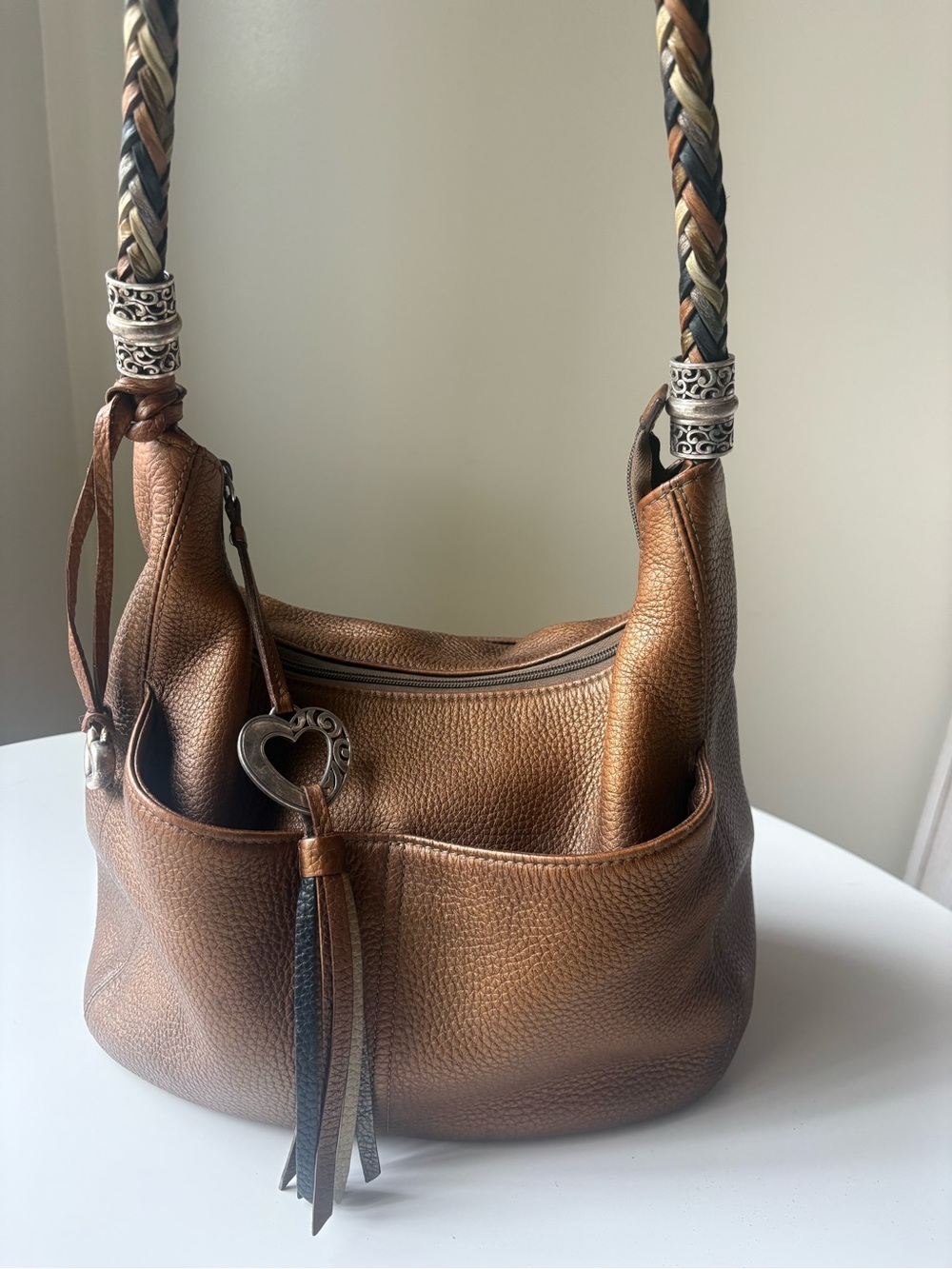 Brighton Barbados Gold Pebble Leather Hobo Bag with Heart Tassel Boho Shoulder